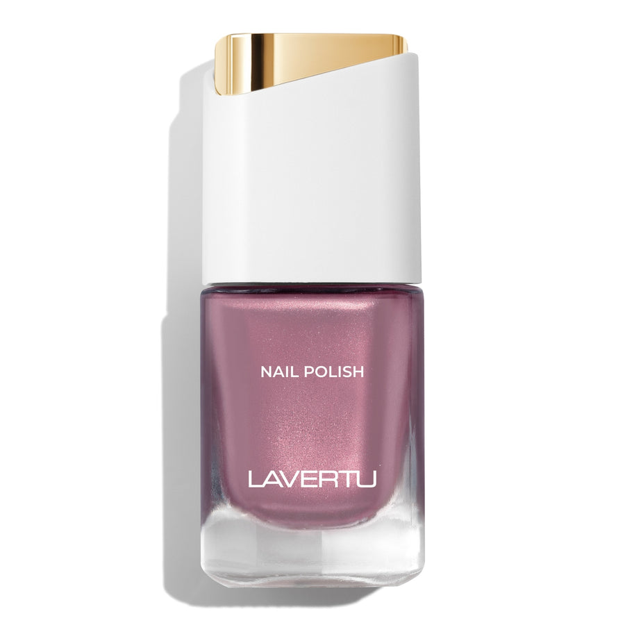 LAVERTU Nail Polish Unique 21 Nitida Rose packshot featuring a soft muted rose nail colour with subtle pearlescent shimmer, full coverage and glossy finish in a sleek glass bottle.