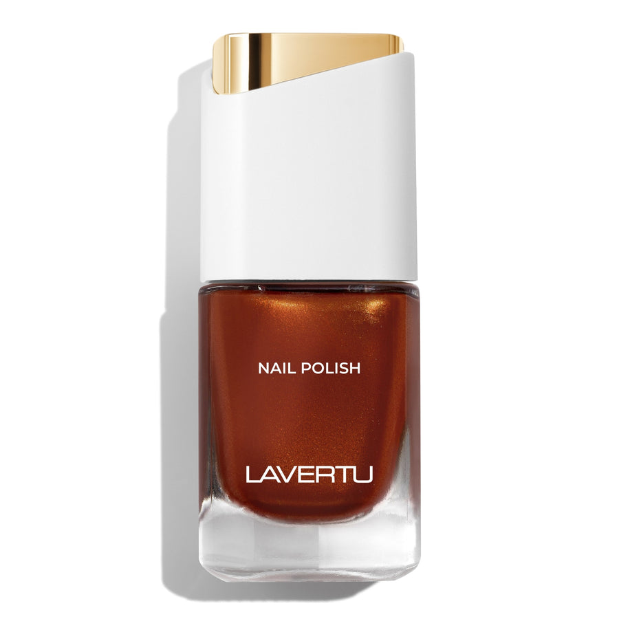 LAVERTU Nail Polish Unique 24 Deneb Brown packshot featuring a warm bronze brown nail colour with subtle metallic shimmer full coverage and glossy finish in a sleek glass bottle.