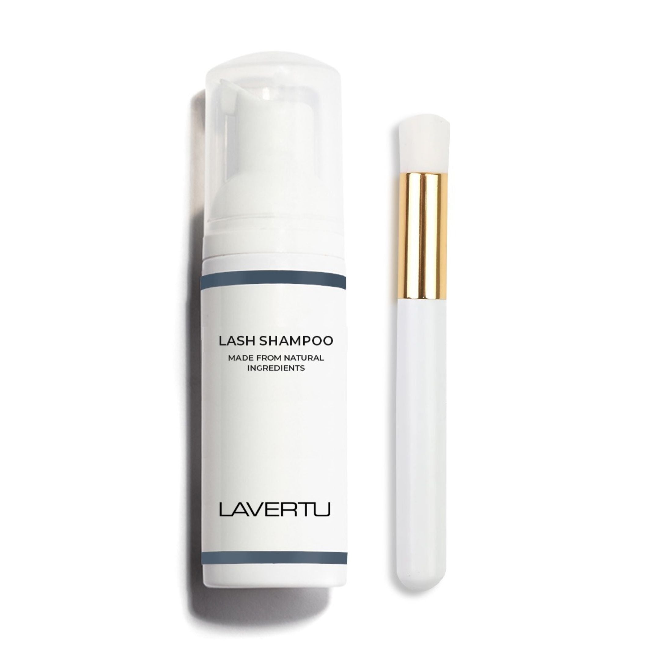 Lavertu Lash Shampoo with cleansing brush, gentle natural formula for daily lash care and hygienic cleansing.