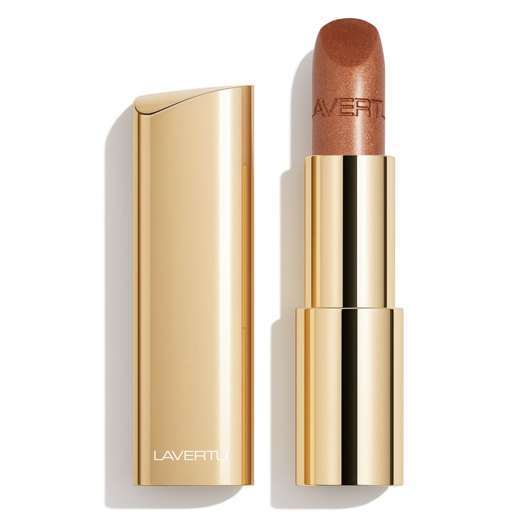 LAVERTU Lipstick Unique 14 Copper packshot showing a warm copper brown shade with rich bronze undertones in a luxurious gold case and smooth matte finish.
