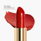 Close up texture of LAVERTU Lipstick Unique 19 Altissimo Red showing a bold deep true red pigment with cool undertones with intense colour payoff, rich creamy texture and smooth matte finish.
