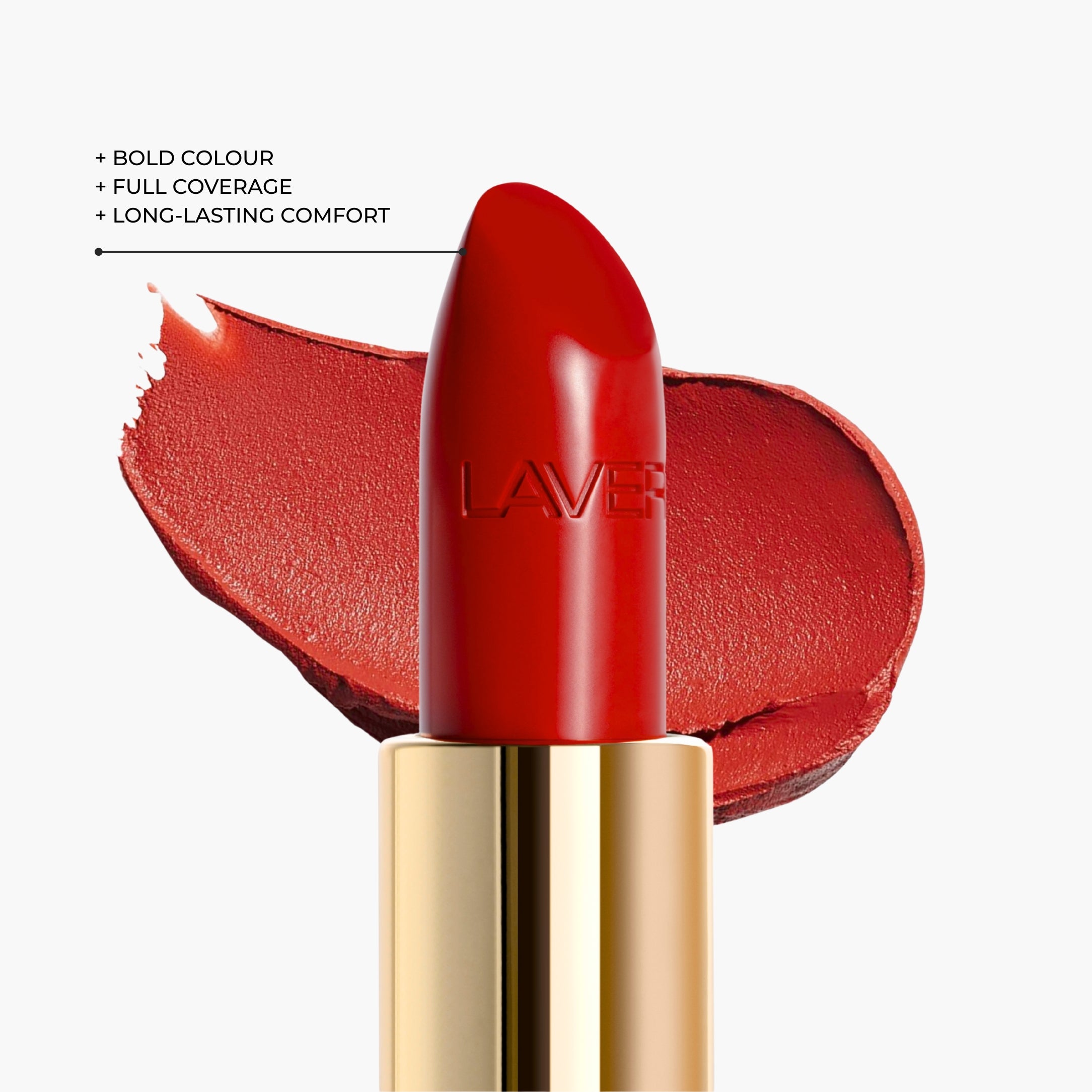 Close up texture of LAVERTU Lipstick Unique 19 Altissimo Red showing a bold deep true red pigment with cool undertones with intense colour payoff, rich creamy texture and smooth matte finish.
