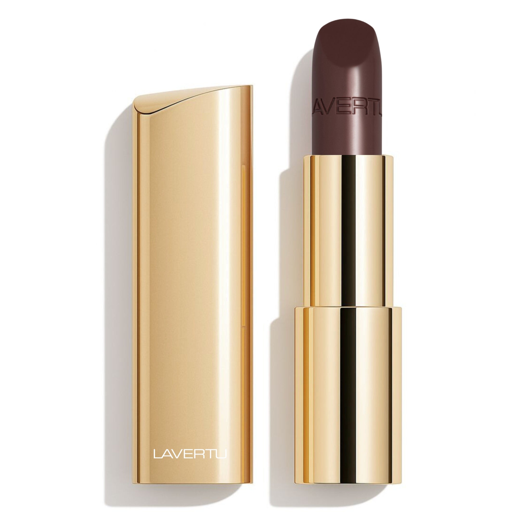 LAVERTU Lipstick Unique 26 Gravetye Beauty packshot featuring a deep cool brown shade with full coverage colour in a luxurious gold case and smooth matte finish