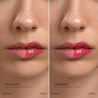 Before and after results of Lavertu Renewal Adaptive Lip Oil showing natural glow and unique rose lip color.