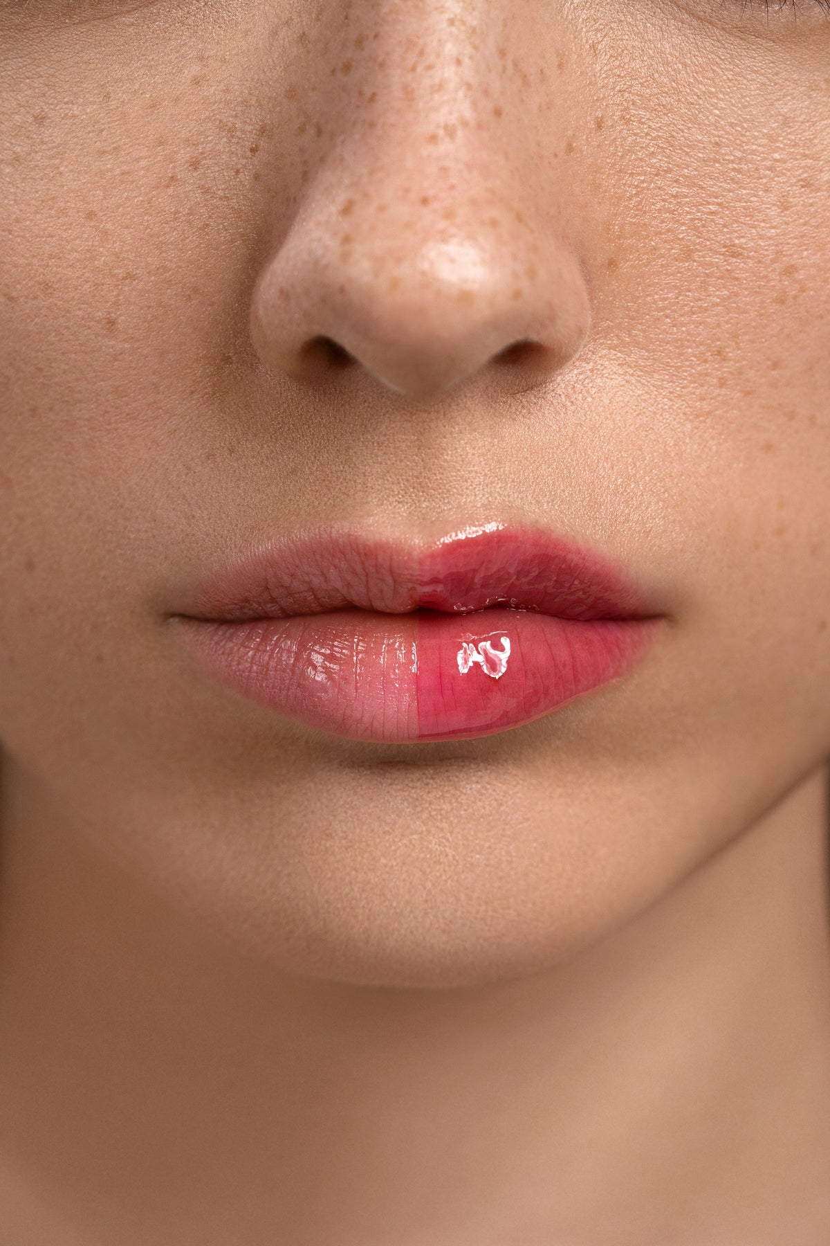 Lavertu renewal adaptive lip oil close up on model showing before and after 