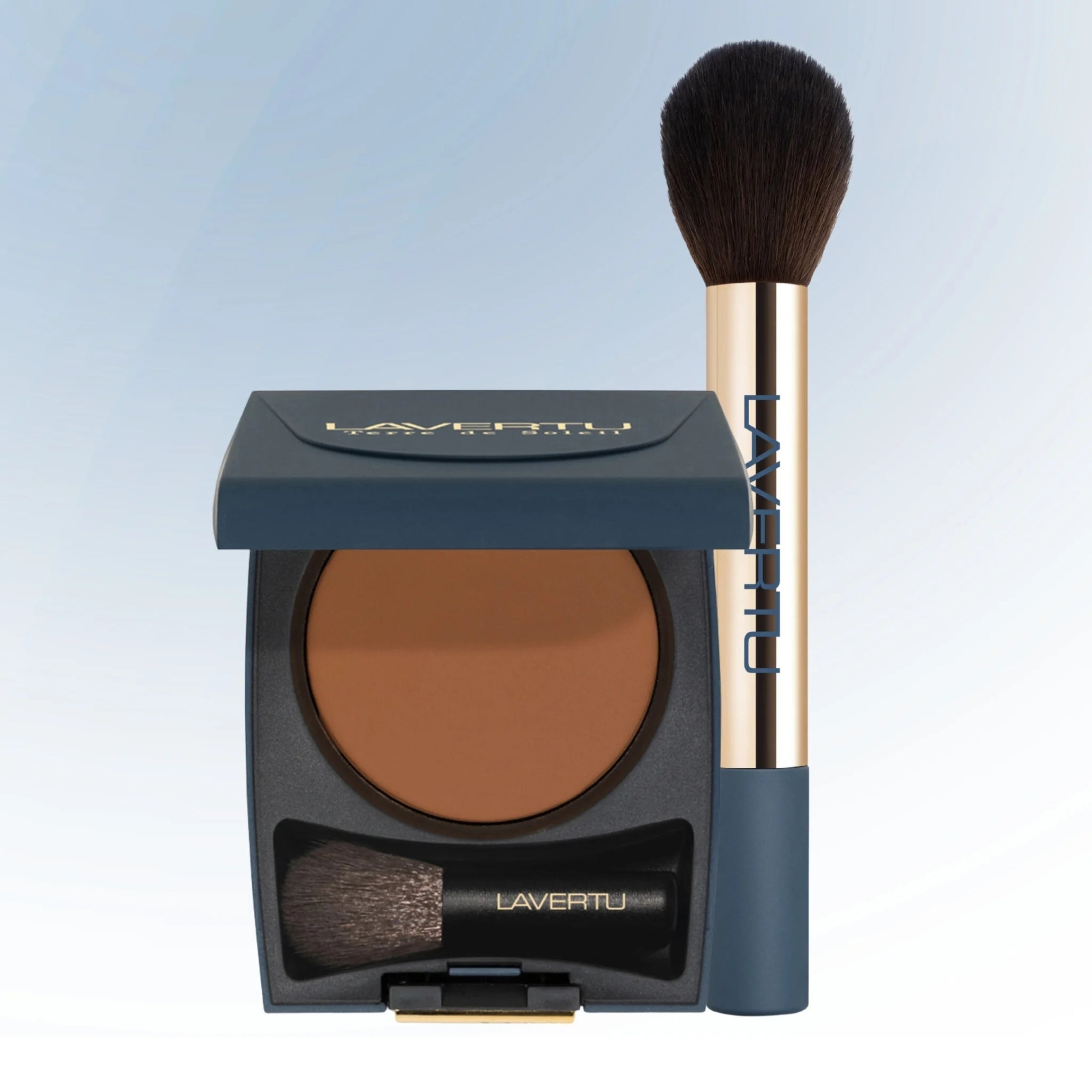 Lavertu Terre de Soleil Bronzer and Brush Set with open bronzer compact, included mini brush and matching full-size bronzer brush