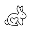 Black line drawing of a rabbit with a heart on a white background showing cruealty free
