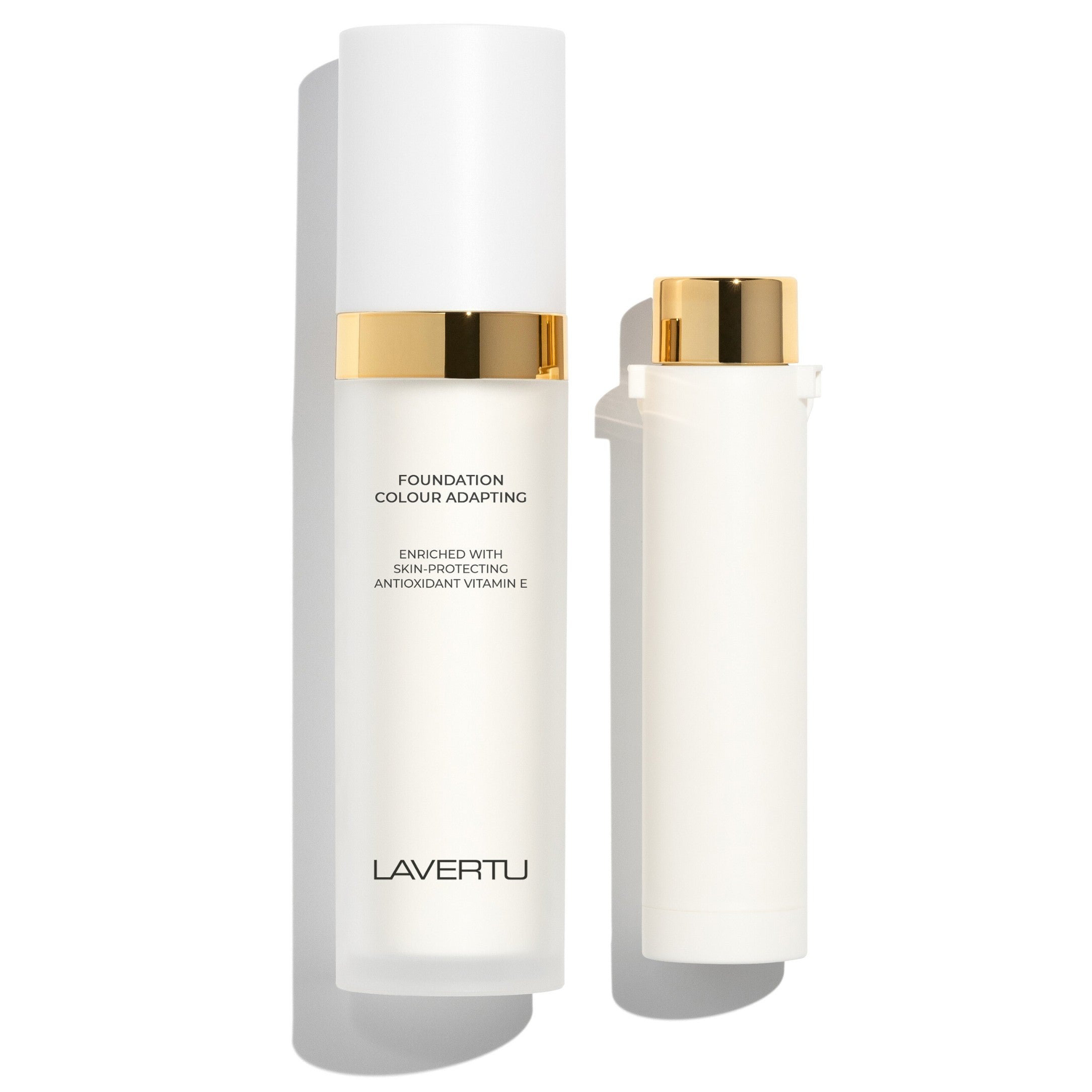 Two skincare bottles with gold caps and 'Lavertu' branding on a white background