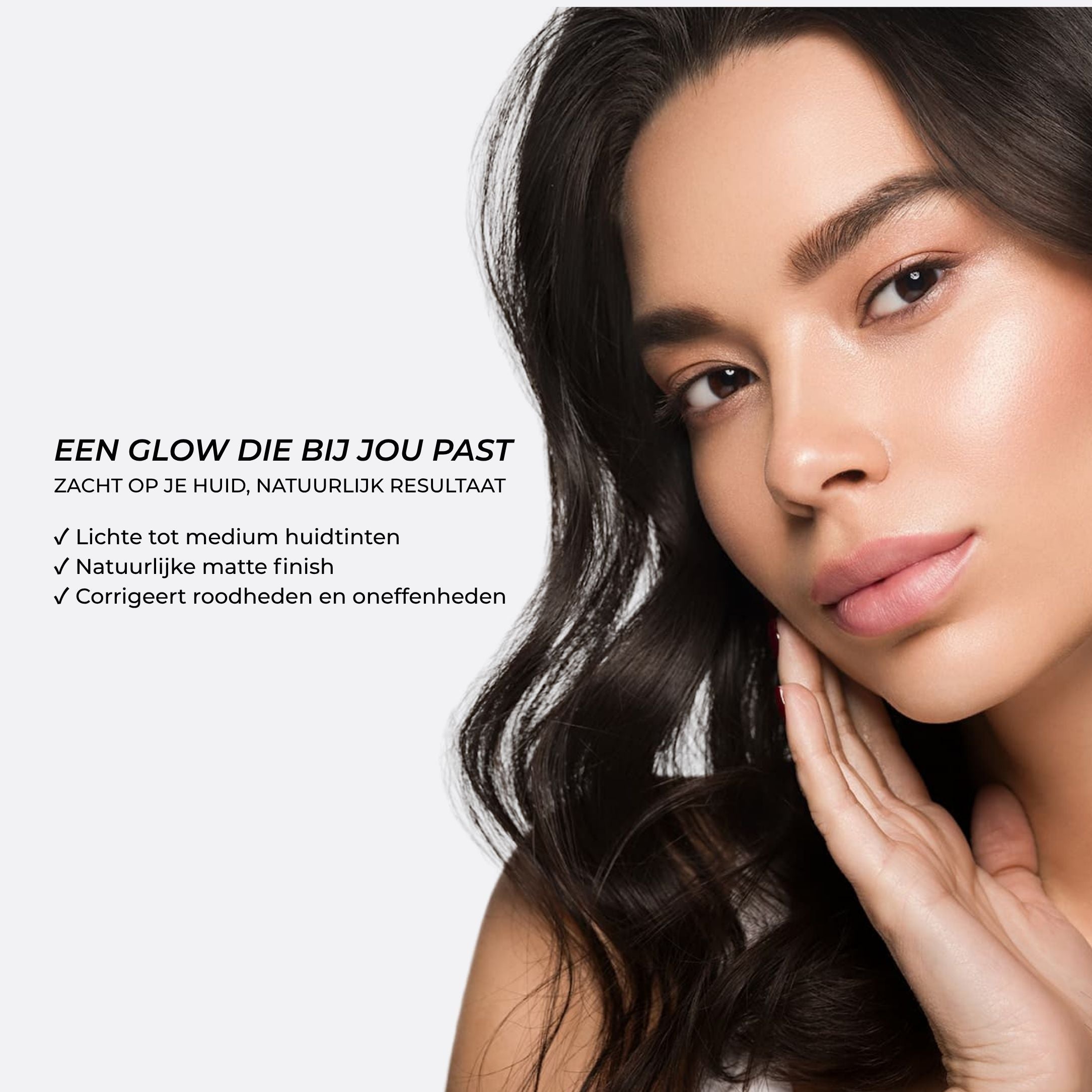 Model met Lavertu colour adapting/kleuraanpassende foundation van Lavertu met een natuurlijke glow