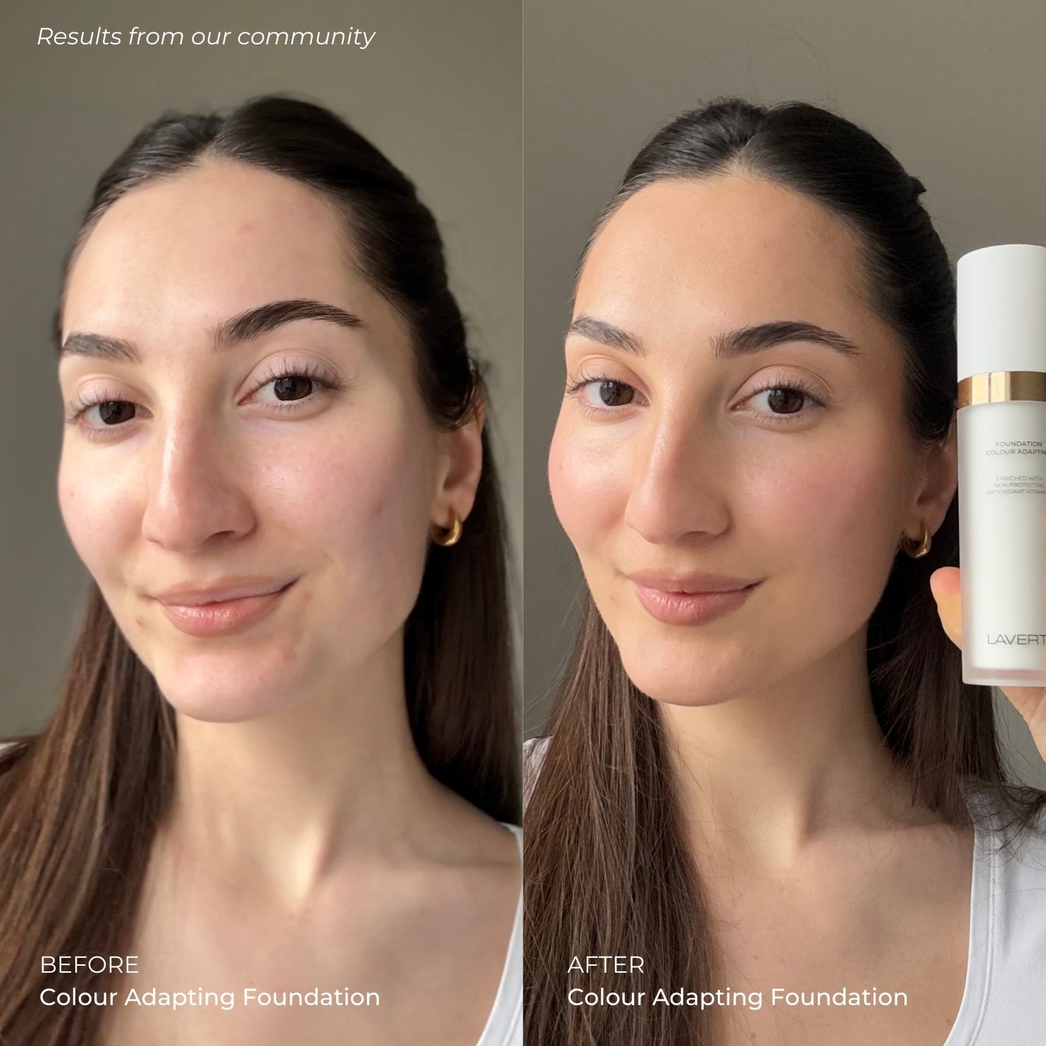 Voor en na resultaat van Lavertu colour adapting foundation de huid