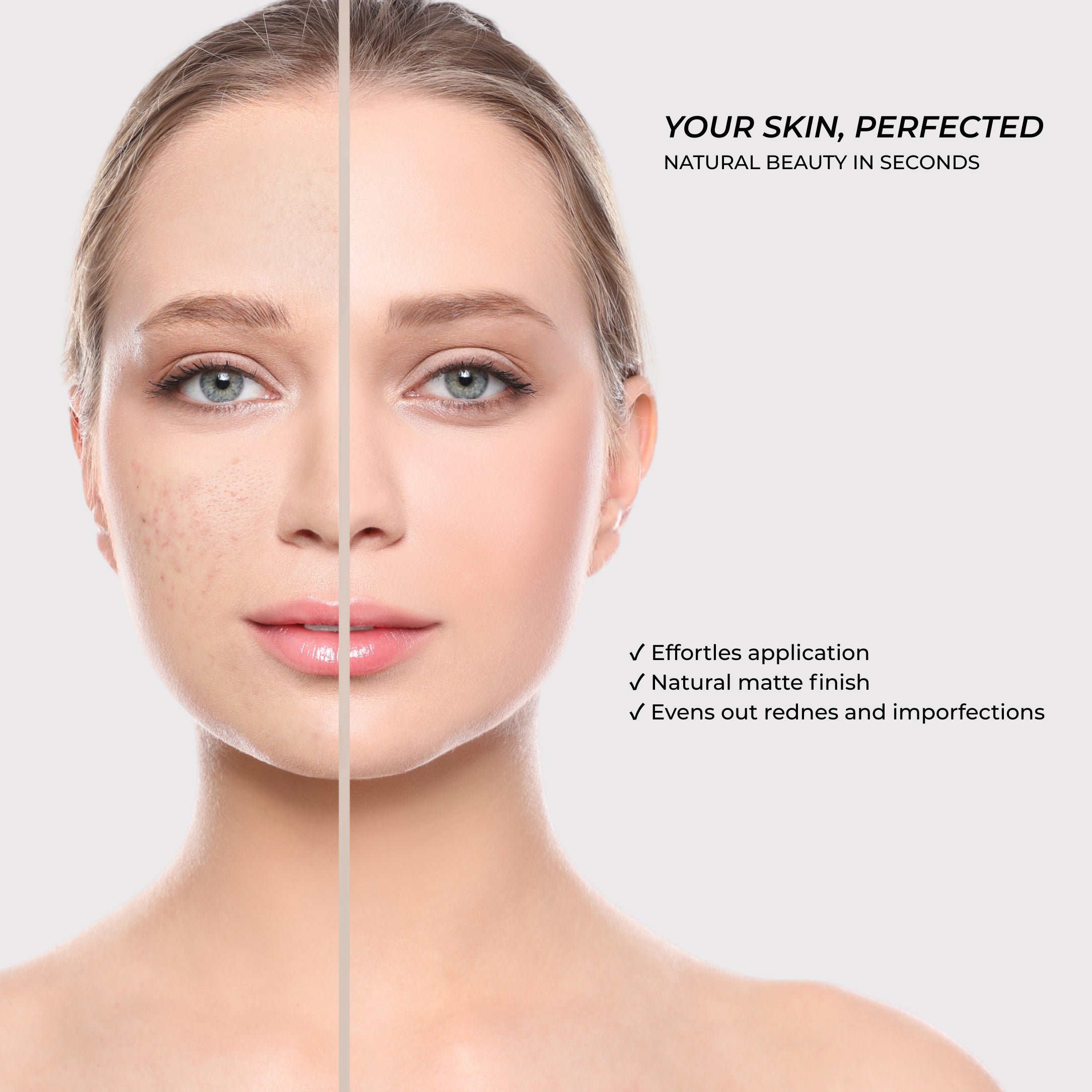 Before and after result of Lavertu colour adapting foundation on skin