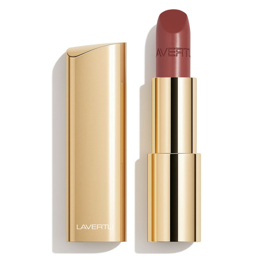 LAVERTU Lipstick Nature 34 Metanoia Rose packshot featuring a deep muted rose shade with warm brown undertones, semi-matte finish and full coverage in a luxurious gold case.