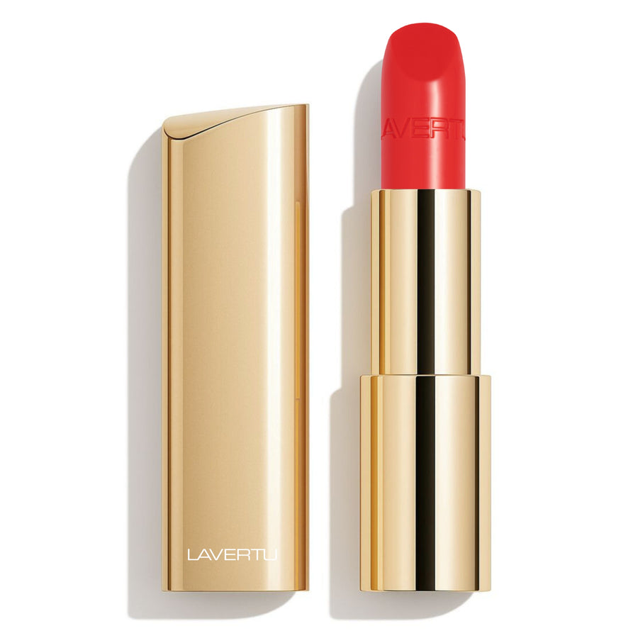 LAVERTU Lipstick Nature 35 Delbard Orange packshot featuring a warm vibrant orange shade with a semi-matte finish in a luxurious gold case.
