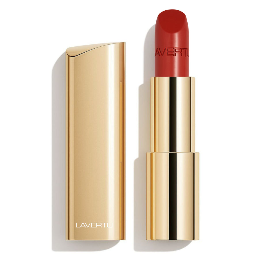LAVERTU Lipstick Nature 37 Messira Red packshot featuring a warm brick red shade with subtle earthy undertones, natural colour and soft semi-matte finish in a luxury gold case.