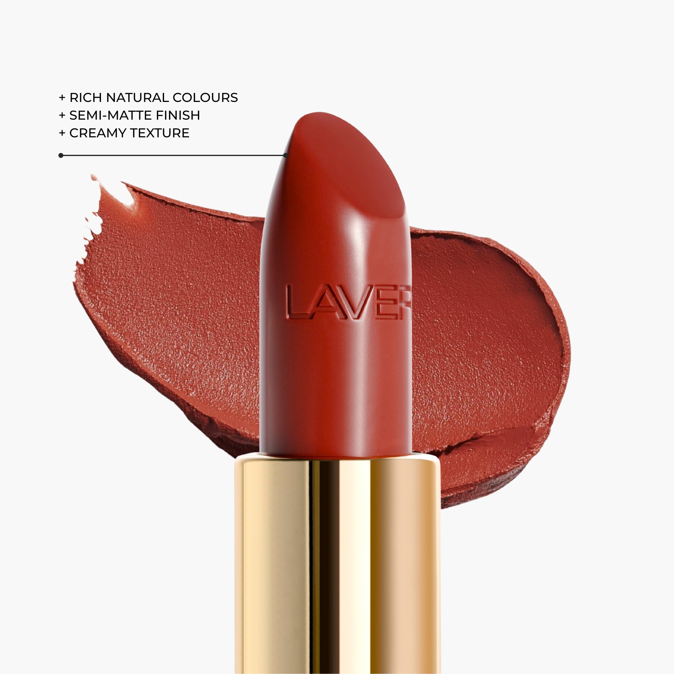 Texture close-up of LAVERTU Lipstick Nature 37 Messira Red showing a warm brick red colour with earthy undertones, creamy texture and soft semi-matte finish.