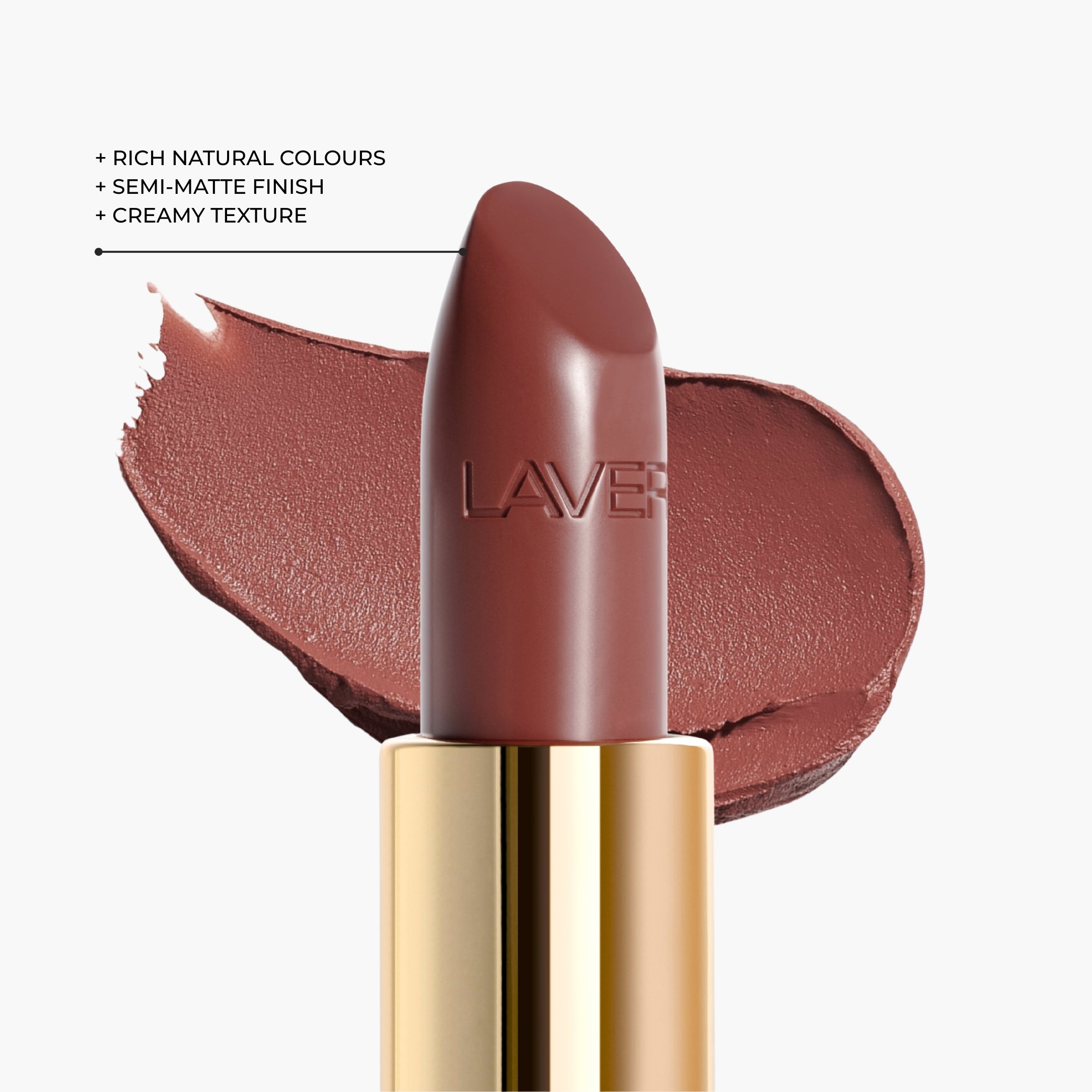 Texture close-up of LAVERTU Lipstick Nature 41 Nude showing a warm nude brown-pink colour with creamy texture and a soft semi-matte finish.