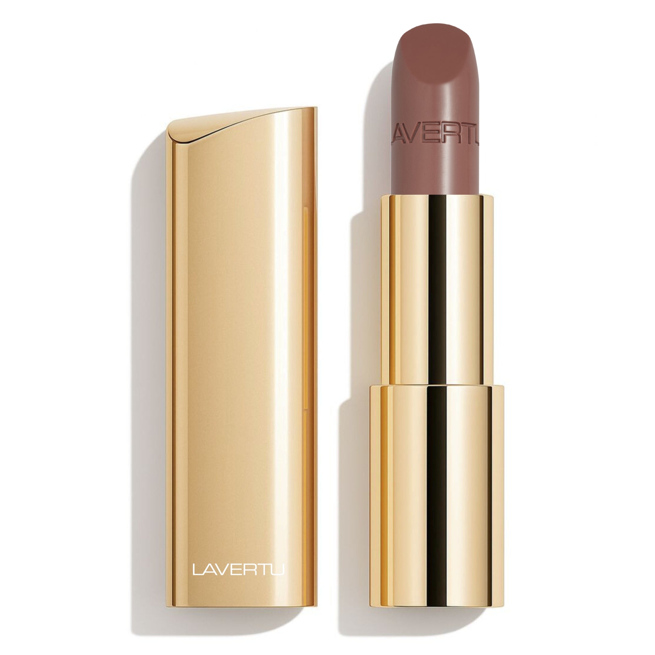 LAVERTU Lipstick Nature 43 Brunette in luxury gold case, a warm brown nude shade with soft taupe undertones and a creamy semi-matte finish.