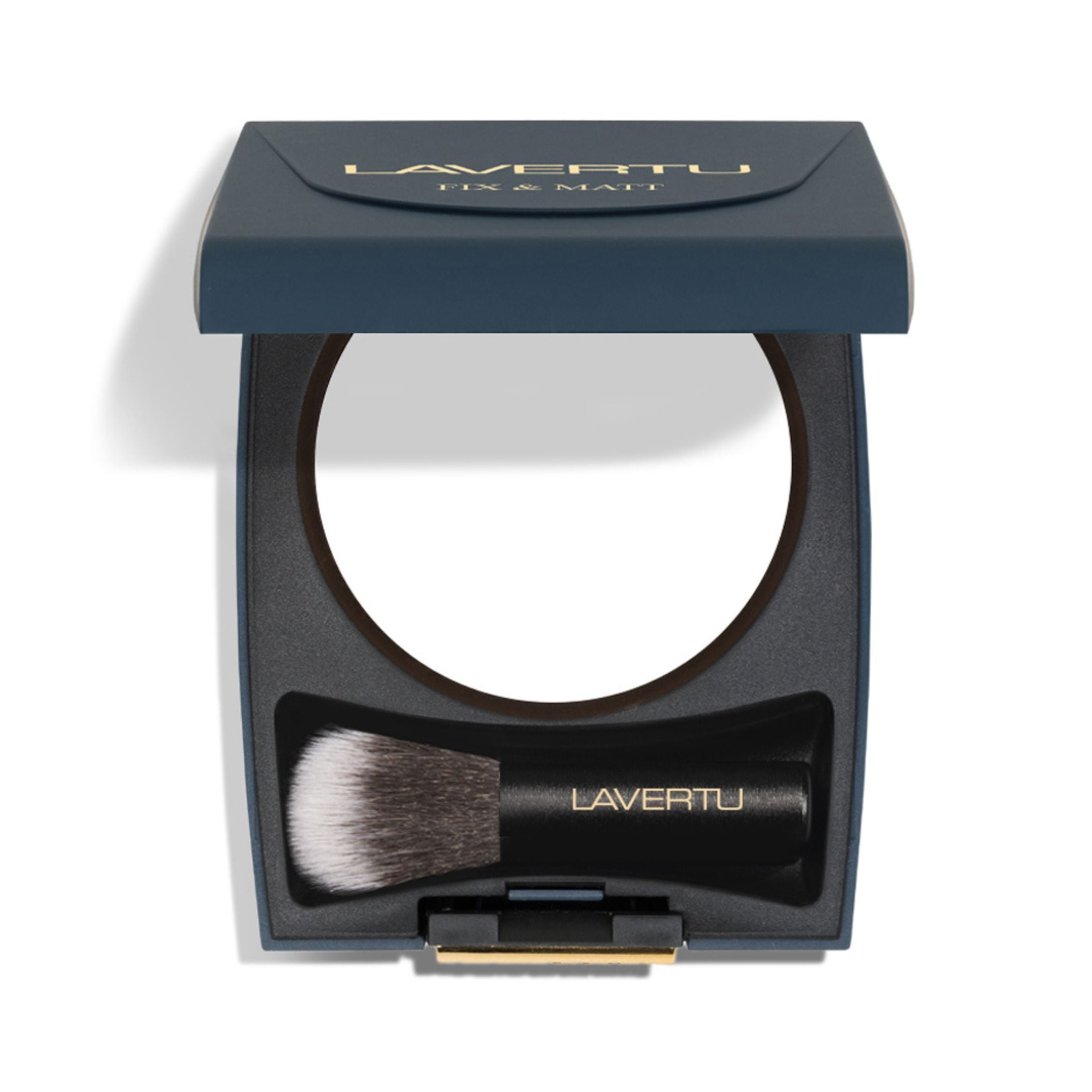 Lavertu Translucent Fix Matt Powder compact with integrated brush for matte, smooth makeup finish.