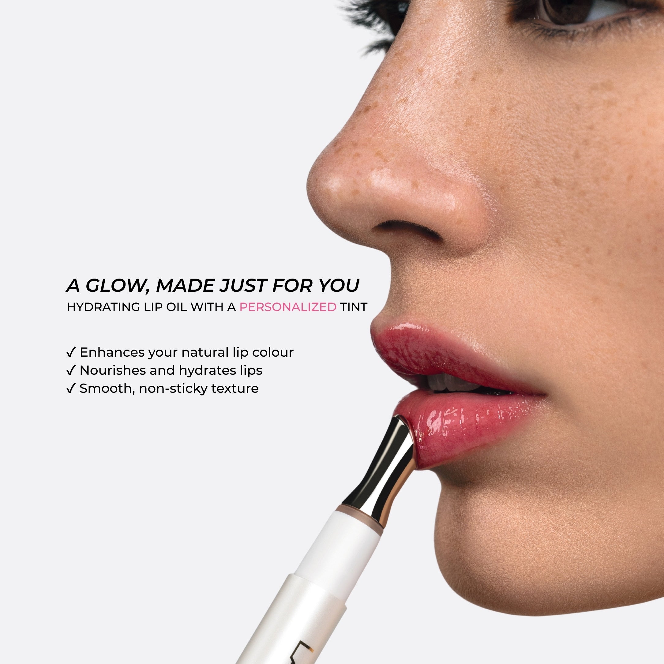 Woman wearing Lavertu hydrating lip oil with natural glow