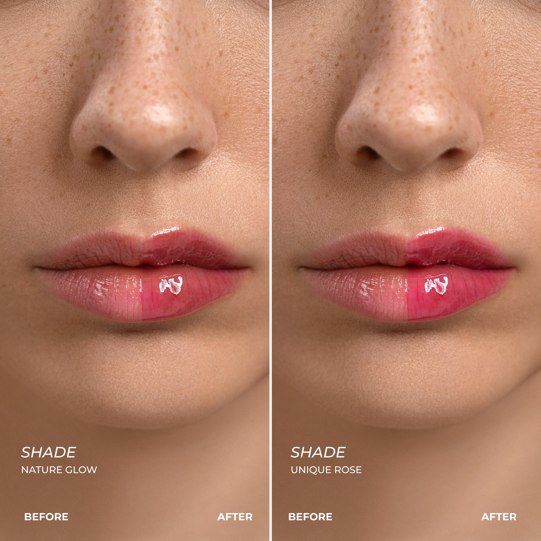Before and after result Lavertu lip oil shades nature glow and unique rose