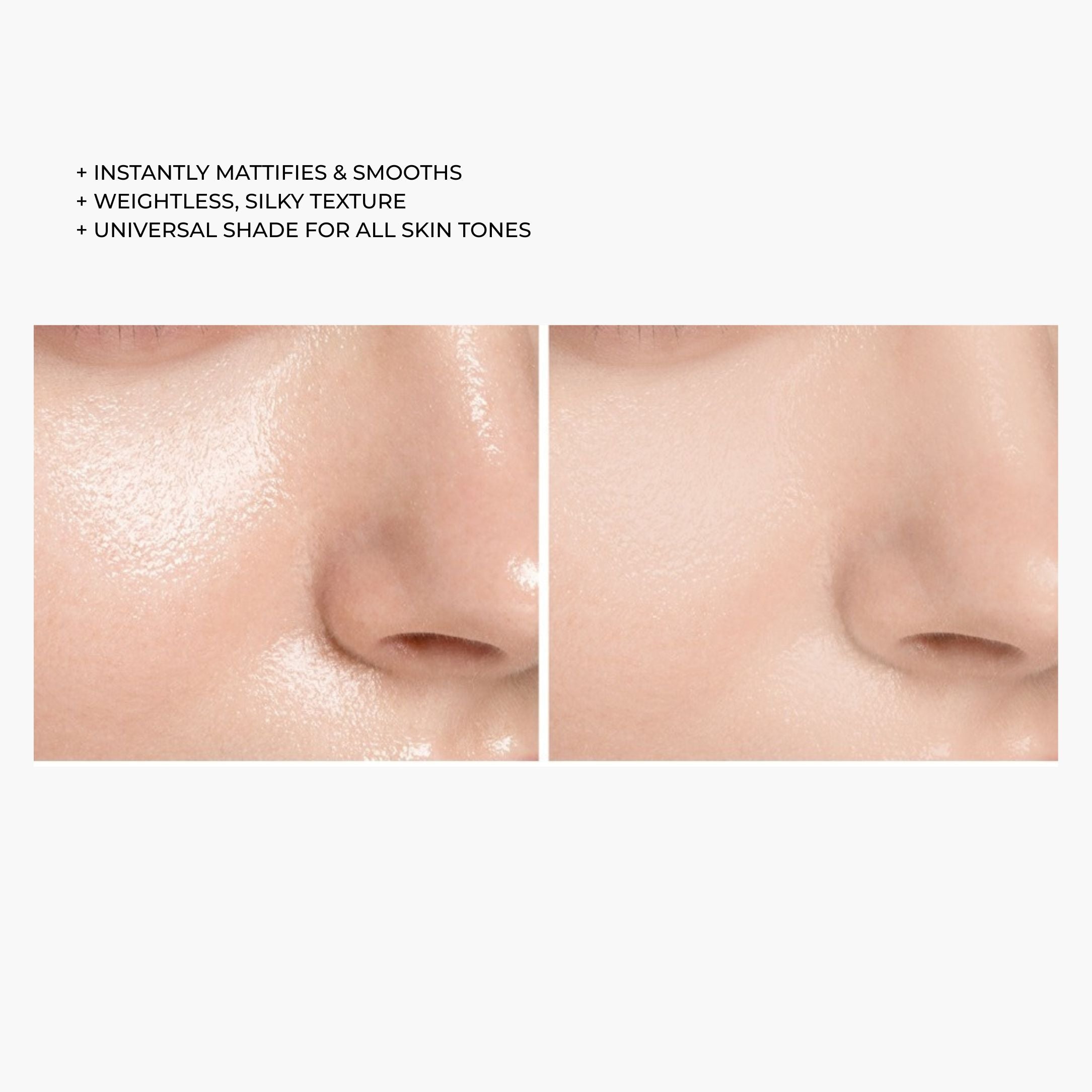 Before and after results of Lavertu Translucent Fix Matt Powder showing matte, smooth skin appearance.